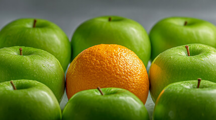 A vibrant fresh orange surrounded by glossy green apples symbolizing uniqueness and standing out in a sea of similarity concept on gray background