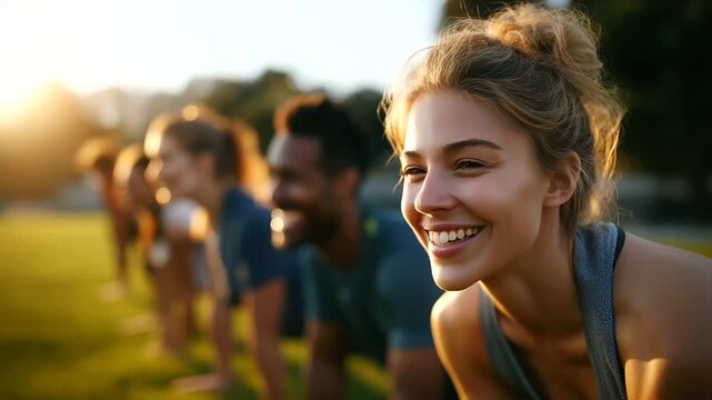 Group of friends doing outdoor bootcamp training on grassy field, laughing and motivating each other, warm evening light, teamwork fitness, group exercise, outdoor workout, motivat - Powered by Adobe