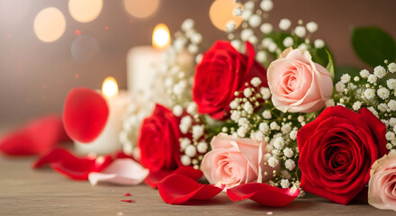 Romantic Roses Candles Still Life Bokeh Rose Petals Valentine Candlelight Tender Bouquet Valentines Date Anniversary Celebration Wedding Present Background