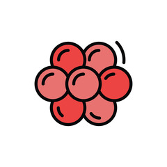 A cluster of seven red spheres each with a black curved accent