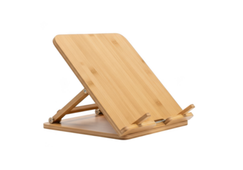 Adjustable wooden tablet stand for comfortable viewing and hands-free operation isolated on transparent background