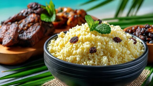 Traditional Brazilian farofa, made with fried cassava flour mixed with raisins and parsley, presented in a rustic wooden bowl with a meat dish blurred in the background