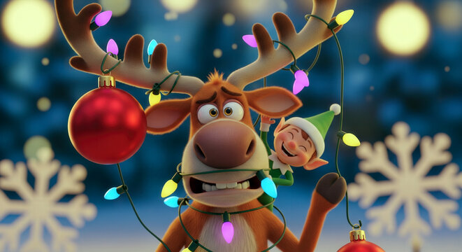 Funny reindeer tangled in Christmas lights with laughing elf - Powered by Adobe