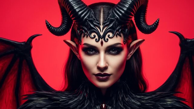 dark queen horns wings fantasy creature red background