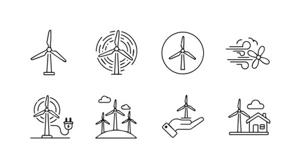 Set of hand-drawn wind turbine icons representing renewable energy and sustainability concepts vector