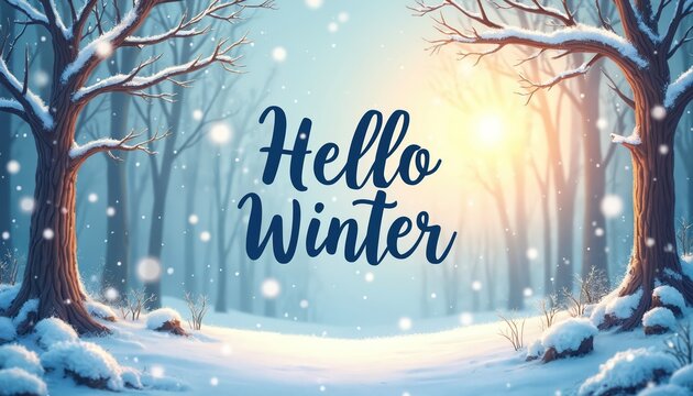 Cartoon illustration snow falling in forest with bare trees. Hello Winter text centered on image. Sunny warm light shines through trees creating magical atmosphere. Cozy winter landscape perfect for