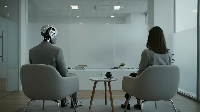 A business meeting or job interview between a young woman and a sophisticated robot android in a modern office, symbolizing the future of AI in professional and corporate settings.