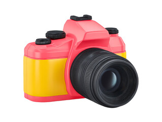 Colorful camera with yellow and red body, black lens, and control dials, isolated on transparent background, modern playful design, creative and cheerful style