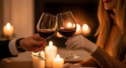Two people clinking wine glasses with red wine in a romantic candlelit setting during evening.