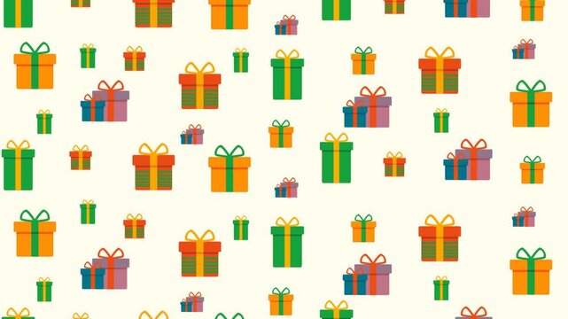 Colorful present boxes with bows and decorative wrapping paper pattern on soft cream background for holiday design