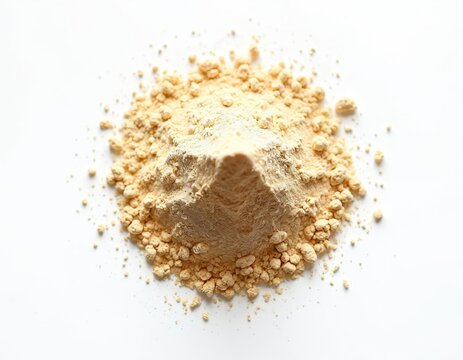 Closeup of apple pectin powder on white. Food supplement dietary fiber ingredient. Baking cooking ingredient. Health care food product for wellness. Natural product.