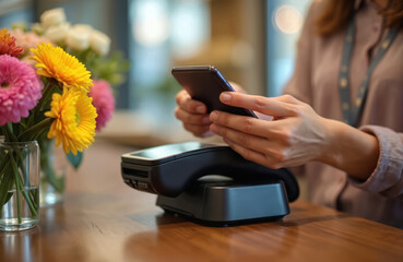 Woman uses smartphone for contactless payment at point of sale terminal. Customer buys fresh beautiful flowers at colorful flower shop. Mobile banking transaction fast, easy for happy shopper.