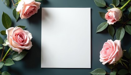 Blank white card adorned with soft pink roses and green leaves, perfect for memorial services invitations or personal notes. Elegant floral border frames empty space for text.