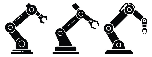 industrial robot arm icon set, black color and white background