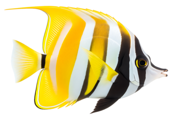 Yellow and White Striped Butterflyfish with Black Markings on White Background marine life tropical fish