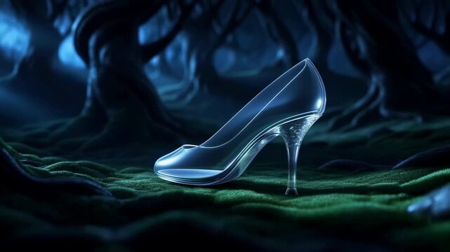 Lost glass slipper resting in an enchanted forest at night