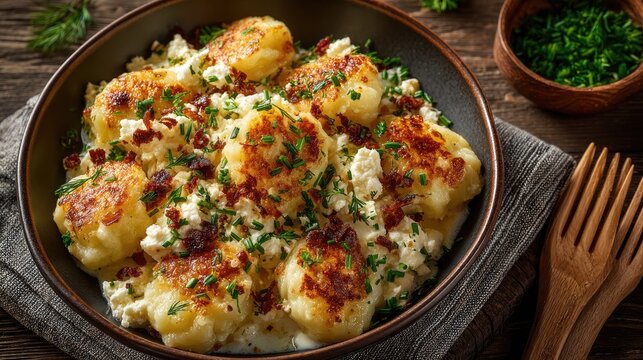 Slovakia dish Bryndzove Halusky Potato dumplings with sheep cheese white with cheese crumbles