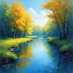 Obraz premium Stream flows through forest with yellow trees, green grass. Water reflects trees, blue sky. Painting serene natural landscape with calm water, vibrant colors. Trees yellow leaves, green grass