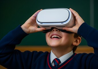 A young boy in a school uniform wearing a virtual reality headset and looking up with excitement.