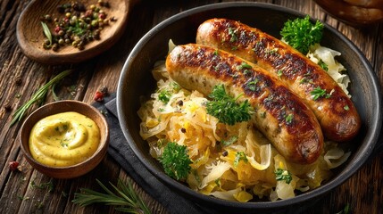Germany dish Bratwurst mit Sauerkraut Grilled sausage with fermented cabbage served with mustard