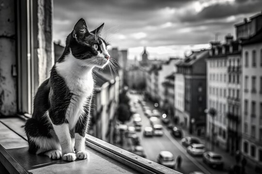 Fototapeta Black and White Cat Gazing at Cityscape from Window -  Charming Stock Photo