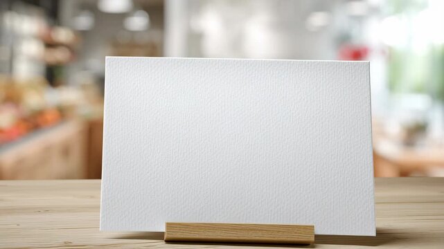 Front view of white, blank, empty menu card. Table stand layout. Blurred coffee shop background, restaurant interior. Mock-up template design for text or graphic decoration display. Paper menu holder