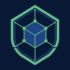 Secure Data Network Shield Illustration of Cube and Connections Representing Cybersecurity for Technology and Business Solutions