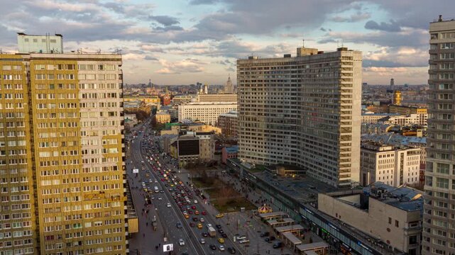 Daytime timelapse of Arbat Street leading to the Kremlin with clouds and slight downward pan