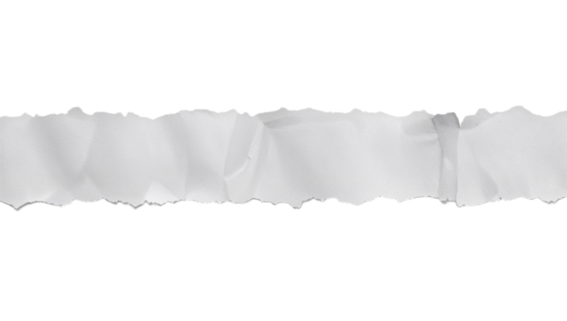 Horizontal torn paper strip with crumpled texture, isolated on a white background, suitable for overlay or design elements