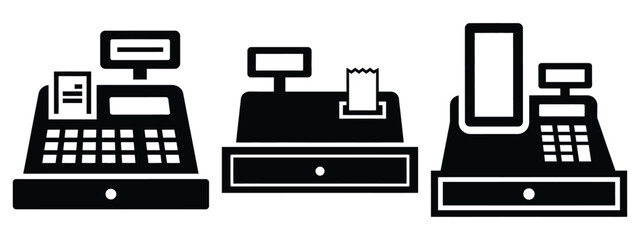 cash register minimal icon set, black color and white background