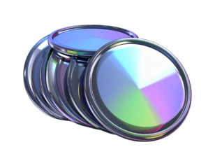 Stacked Glossy Round Badges in Mixed Colors, Angled Perspective, Isolated on White Background