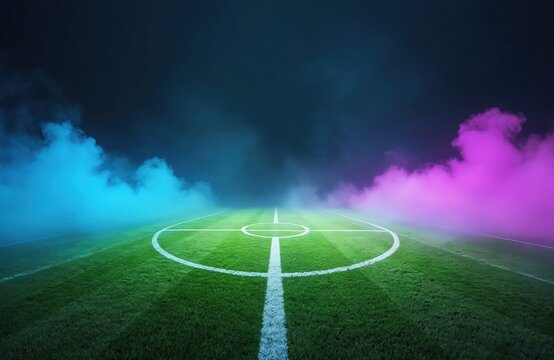 Neon soccer field at night. Vibrant blue, pink smoke fills stadium creating surreal atmosphere. Green grass illuminated by spotlights pitch markings. Image evokes excitement for sports events,