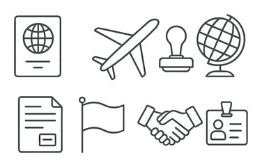 Travel essentials icons: passport, airplane, globe, document, flag, handshake, id badge