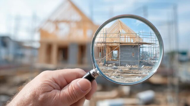 engineer use magnifying glass inspecting construction new house.inspecting construction and quality assurance new house. Engineers or architects or contactor work to build the house.
