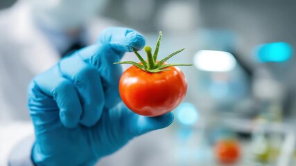 close up hand scientist hold tomato in technology laboratory. GMO and laboratory studies, vegetable, laboratory, biology, science, agriculture, chemical, research, modification - Powered by Adobe