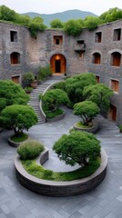 Symmetrical Round Hakka Tulou Building with Lush Green Courtyard and Stone Architecture in Fujian China with Lush Trees and Flowering Plants and Natural Light Illuminating the Archway Entrance