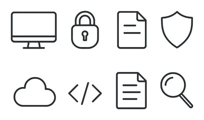 Cyber security icons: monitor, lock, document, shield, cloud, code, magnifying glass