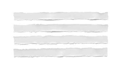 A set of four realistic strips of blank white paper with ragged torn edges, isolated on a plain background for use as a design element or message banner