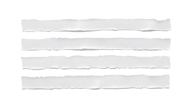 A set of four realistic strips of blank white paper with ragged torn edges, isolated on a plain background for use as a design element or message banner