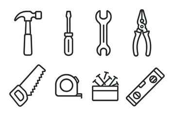 Set of hand tool icons: hammer, screwdriver, wrench, pliers, saw, tape measure, nails, level