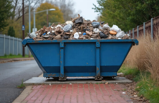 Blue metal skip bin filled with construction debris, household trash, building materials sits on sidewalk. Waste removal container ready for collection, indicating site cleanup renovation project in