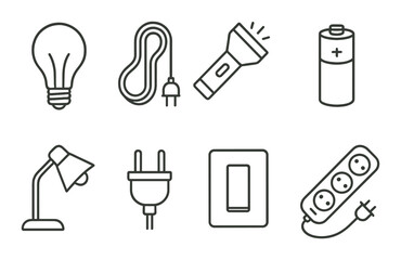 Set of electrical icons: light bulb, flashlight, battery, lamp, plug, switch, power strip