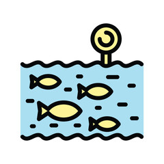 A rectangular graphic shows light blue water with four yellow fish Above a buoy