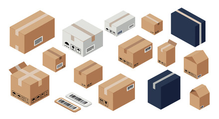 Diverse isometric cardboard boxes collection for packaging and shipping design