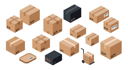 Isometric cardboard boxes set with shipping labels and packaging icons