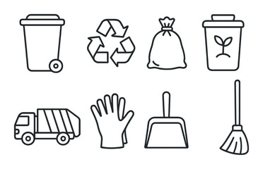 Waste management icons: recycling, garbage bins, and cleaning tools