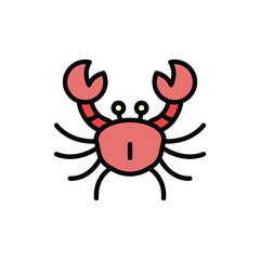 A red cartoon crab with black legs and claws two eyes and a body