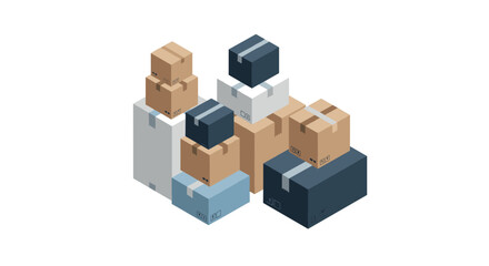 Isometric cardboard boxes stacked in various sizes on white background
