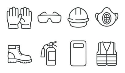 Protective equipment icons: gloves, goggles, hard hat, mask, boots, fire extinguisher, shield, vest