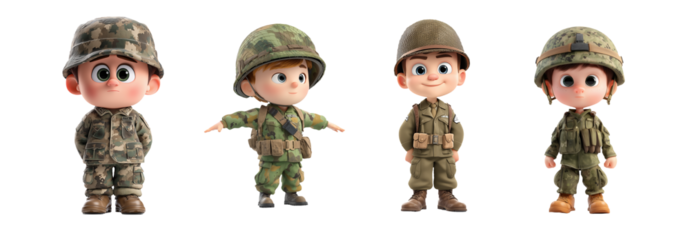 Four cartoon soldiers standing in a row wearing different camouflage uniforms and helmets posing nicely